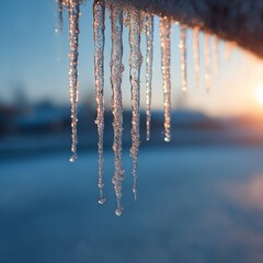 Aufkleber - Golden Hour Glow: Icicles Melting Against a Soft Blue Sky, Capturing the Transition from Winter to Spring with Delicate Beauty