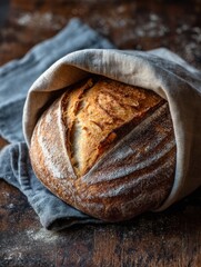 Aufkleber - Freshly Baked Sourdough Bread Wrapped in Linen on Rustic Wooden Surface for a Warm, Inviting Moment