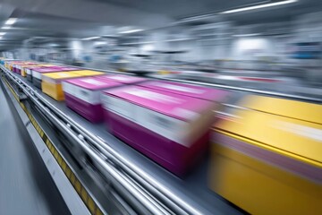 Poster - An eye-level, blurred, and focused view of a conveyor belt transporting colorful boxes in a modern factory, symbolizing efficiency and mass production in an industrial setting.