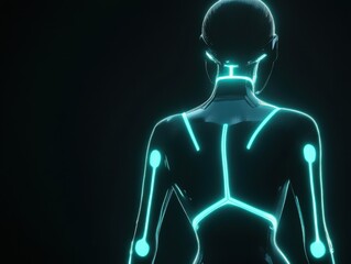 Poster - back view of cyberpunk woman with glowing neon lines in dark studio setting futuristic concept