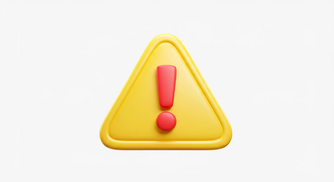 3D rendering of a yellow triangle sign with a red exclamation mark in the center, alerting to potential danger or important information.