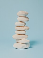 Poster - Stacked stones balance on light blue background close up studio shot zen like peaceful composition