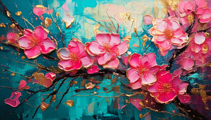 Poster - Pink flowers with gold accents on a branch against a teal backdrop, creating a textured and vibrant floral design.