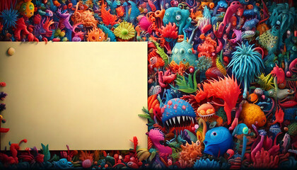 Poster - Colorful frame with fantasy creatures on a vibrant background. Decorative design with space for text or image. Perfect for creative projects and playful designs.
