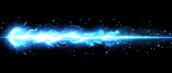 Poster - Electric Blue Lightning Bolt Streaking Horizontally Across a Black Background with Sparkles and Energy Discharge