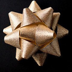 Poster - Close up of a shiny gold gift bow with many textured loops, against a dark background. Ideal for Christmas, birthdays, and other gift giving occasions.