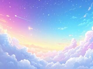 Poster - Pastel Sky with Shooting Star and Clouds Anime Style Illustration Fantasy Dreamscape Celestial Scene Soft Colors Serene Atmosphere