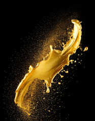Poster - Golden liquid splash with droplets in dynamic motion on a black backdrop, creating a luxurious and energetic visual effect.