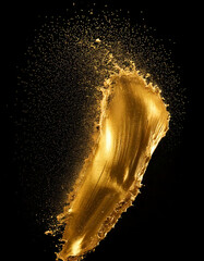 Poster - Golden paint splash with splatters on a black background. Metallic gold liquid explosion for luxurious design concepts.