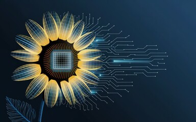 Poster - Digital Bloom: An innovative fusion of nature and technology, where a vibrant sunflower blossoms with the intricate detail of a central processor, heralding a future of advanced connectivity.