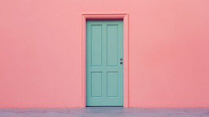 Poster - Teal door set in pink wall in minimalist style straight on shot of architecture in bright light