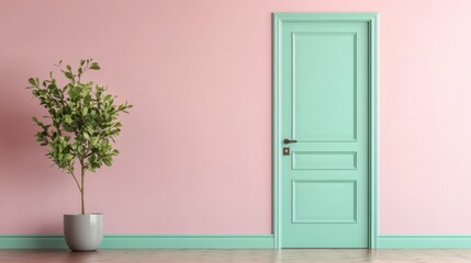 Poster - Interior Scene Featuring Mint Door and Potted Plant Against Pale Pink Wall in Minimalist Style Home Decor Room
