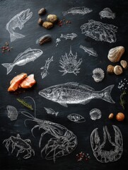Poster - Chalk Drawn Seafood Chart on Dark Background With Various Fish, Shellfish, and Crustaceans Illustrated in Detail