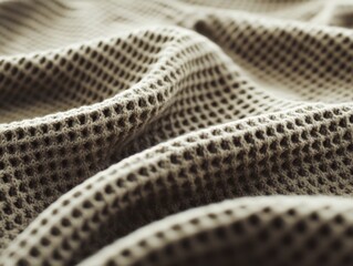Poster - Close-up of Waffle Weave Fabric Folds in Neutral Beige Tone; Textured Surface, Soft Light, Textile Background, Detailed Pattern, Macro Shot