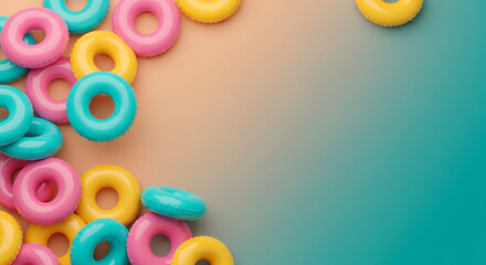Poster - Colorful inflatable rings in yellow, pink, and turquoise create a vibrant border against a gradient background, ideal for summer themes and playful designs.