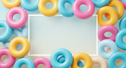 Poster - Colorful inflatable rings frame a blank square space. Summer vacation concept with pink, yellow, and blue swim rings against a light blue background.