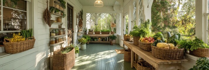 Aufkleber - Charming Farmhouse Porch Filled With Fresh Produce Baskets and Sunlight in a Serene Outdoor Setting