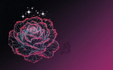 Poster - Digital Rose: A digital artistic rendition of a rose, rendered in a polygonal style and embellished with radiant sparkles against a dark, gradient backdrop.