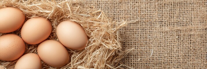 Poster - Fresh Organic Eggs Displayed on a Straw Mat With Space for Text in a Natural Setting