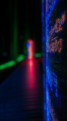 Illuminated binary coding wall with vibrant neon lights and dark background