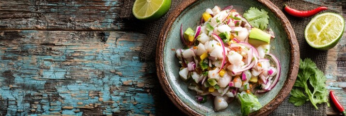 Aufkleber - Fresh Ceviche Served on Rustic Wooden Table With Lime and Chili Added for Extra Flavor