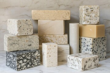 Poster - Assorted Stone Blocks Stacked Still Life on Marble Surface Close Up Neutral Tones for Architecture Design Material Samples