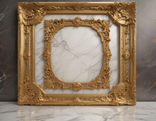 Wall Mural - Intricately carved golden frame sits on a smooth marble slab ,  border,  texture