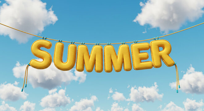 Summer message with yellow 3D letters hanging against a blue sky with clouds. Decorative summer design element for seasonal themes and recreational concepts.