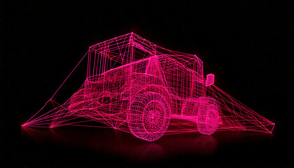 Poster - Futuristic glowing grid truck on a dark background, showcasing a modern, technological design with a neon aesthetic for innovative transportation concepts.