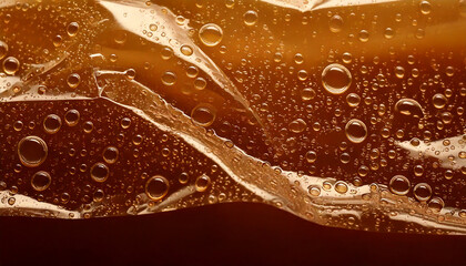 Aufkleber - Close up of water droplets on a translucent, crumpled plastic surface, creating a textured and reflective background with a warm, golden hue.