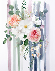 Poster - Watercolor floral arrangement featuring roses, eucalyptus, and orchids against a backdrop of pastel colored brushstrokes.