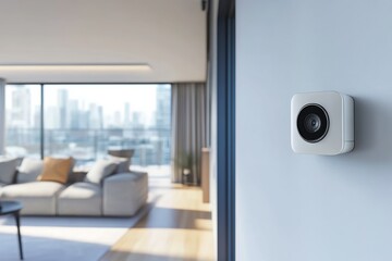 Poster - Modern security camera monitoring a spacious, well-lit living room in an urban apartment