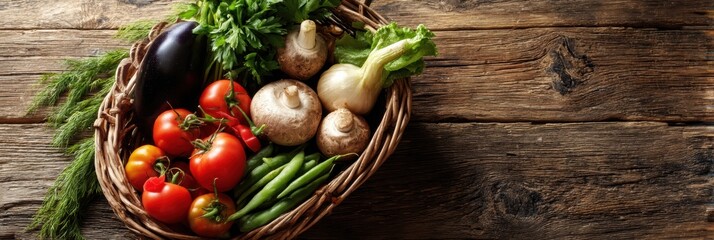 Poster - Fresh Organic Vegetables in a Woven Basket on a Rustic Wooden Table Ready for Cooking or Enjoying