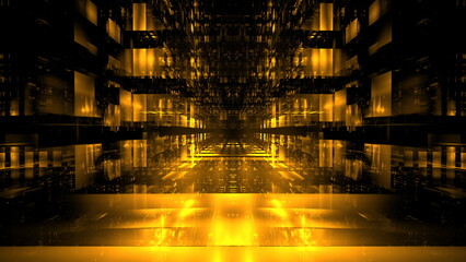 Fototapete - Vibrant golden light beams radiate in a complex geometric arrangement, creating an immersive atmosphere that evokes a sense of depth and motion in a digital environment. 3d render