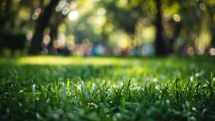 Wall Mural - springtime, a spring park with a blurred background, a lawn and fresh green trees and leaves