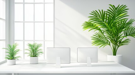 Poster - Modern Workplace Setup with Dual Monitors, Potted Plants, and Minimalist White Aesthetic in Bright Environment