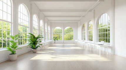 Poster - Bright and Spacious Modern Interior with Large Windows, Green Plants, and Natural Light in a Serene Environment