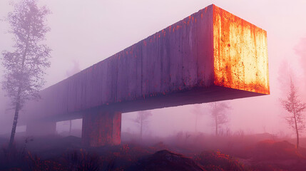 Poster - Massive concrete structure in a misty forest