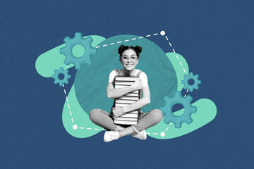 Poster - Poster pop collage of person stand on blue background with gear cog