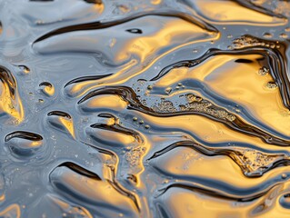Poster - Abstract texture of fluid waves reflecting golden light and bubbles on dark surface for artistic purposes