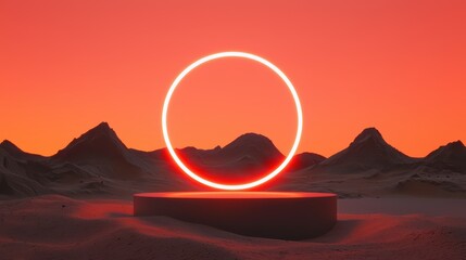 Poster - Neon Circle in Desert Landscape at Sunset with Mountains in Background, Abstract and Futuristic Imagery
