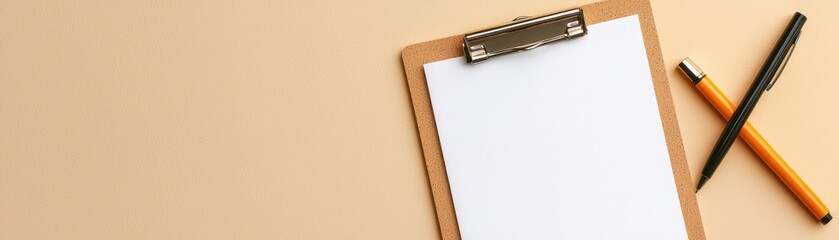 Poster - Blank clipboard with white sheet, pens, and warm background ideal for creative brainstorming and note-taking