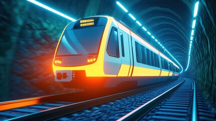 Poster - High-Speed Modern Train Navigating Through a Futuristic Tunnel with Bright Neon Lights and Reflections