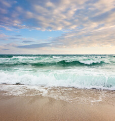 Wall Mural - seascape in morning light. bad vacation season background. scenic power of water. stormy weather wit