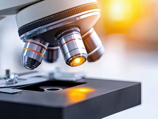 Poster - close-up view of microscope lens with bright light in laboratory environment for scientific research