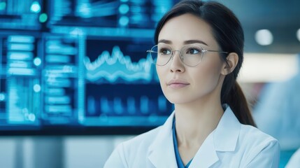 Poster - focused female scientist analyzing data in modern laboratory with high-tech screens in background