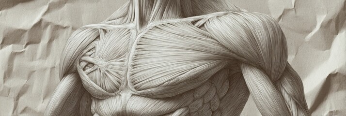 Poster - Anatomical Muscle Drawing Showcasing Intricacies of Human Anatomy With a Soft Neutral Texture in the Background, Emphasizing Muscle Structure and Detail