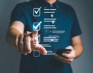 Poster - Man digitally checks off items on a to-do list using a smartphone