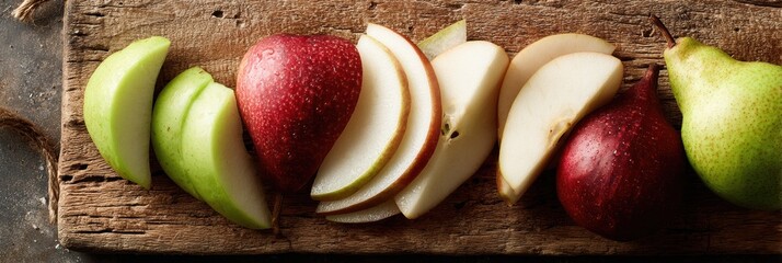 Aufkleber - Sliced Apples and Pears Arranged Neatly on a Rustic Cutting Board in a Cozy Kitchen Setting During Daylight