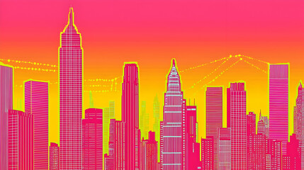 Poster - Vibrant Cityscape: Connected Urban Skyline at Sunset